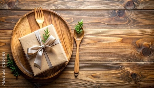 Obraz Wrapped gift on wood tray w/ fork & spoon, neutral tone