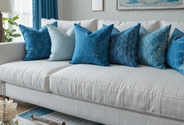 Fototapeta Contemporary Living Room with Varying Shapes of Blue Throw Pillows Creating a Serene Atmosphere
