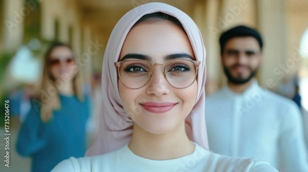 Fototapeta Group of happy smiling Muslim women wearing hijabs taking selfie photos together in the lobby of a hotel during their vacation getaway
