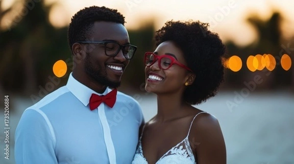 Fototapeta Elegant African couple dressed in formal attire sharing an intimate candlelit dinner together on a tropical beach at sunset  They are gazing into each other s eyes with expressions of love happiness
