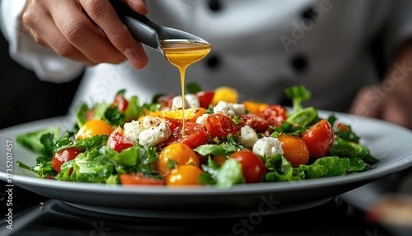 Obraz Chef dressing fresh salad with tomatoes, greens, and feta cheese. Perfect for healthy eating, restaurant menus, or food blogs.