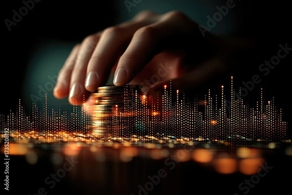 Obraz A woman's hand hovers above a stack of coins, data streams below it. Use for financial reports, investment strategies and data analysis.
