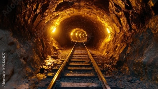Fototapeta Inner earth tunnel, lit track