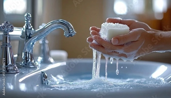 Obraz Hands with soap over a sink, chrome faucet is visible. It shows hygiene and cleanliness, promoting health awareness.