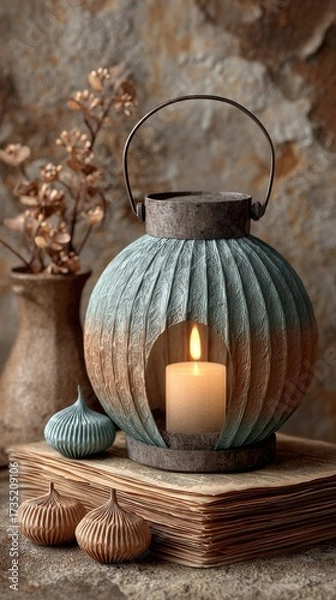 Obraz Round lantern with candle and dried plants on rustic book