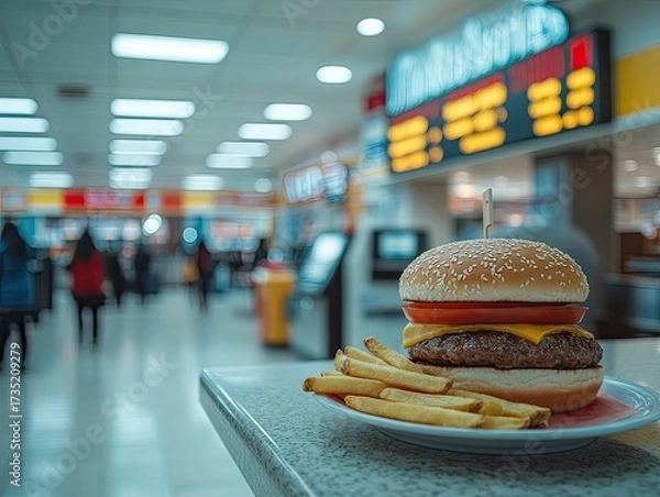 Obraz Juicy burger with fries sits on a plate in retro diner interior. Use for food blog, ad, or illustrating American diner culture.