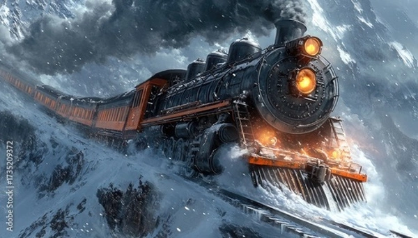 Fototapeta Steam train hurtling through snowy mountain pass