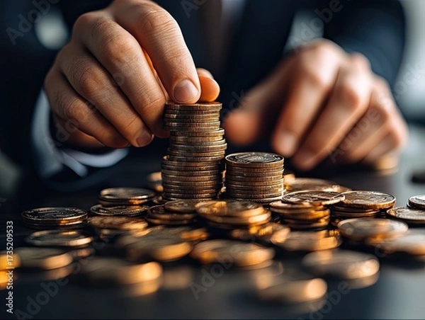 Obraz Man stacks shiny gold coins on a dark surface, wearing a suit. Illustrates wealth, finance, savings, and investment for ads.