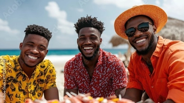 Fototapeta A vibrant group of young African friends enjoying a lively seafood barbecue on the beach during their summer vacation  They are laughing smiling and bonding over the festive gathering