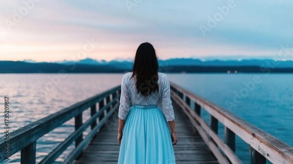Fototapeta A graceful and elegant woman in a flowing dress walks along a tranquil wooden pier at dusk surrounded by a breathtaking ocean landscape with a beautiful sunset sky in the background