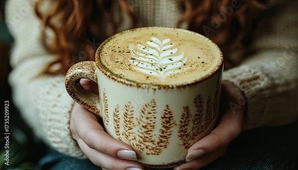 Obraz Woman holds latte with fern art in a textured mug and soft sweater. Ideal for coffee shops, autumnal themes, or cozy lifestyle blogs.