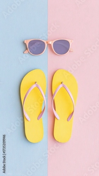 Obraz Minimal flat lay with yellow flip flops and sunglasses
