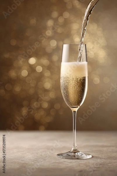 Fototapeta Elegant pouring of champagne in a flute glass luxurious setting closeup view celebration concept