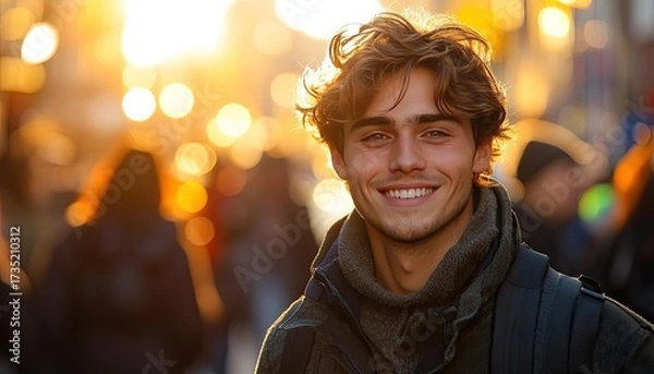 Obraz Handsome young man smiles with blurred, golden light in the background. Use for ads, dating apps, travel blogs, lifestyle or student themes.