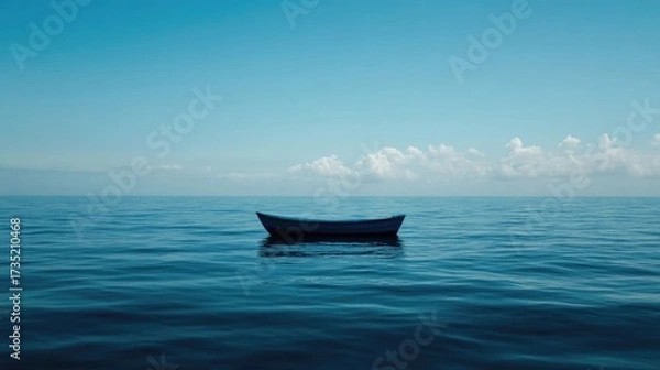 Fototapeta A lone fishing boat gently floating on the calm expansive ocean under a serene cloudless sky offering a peaceful moment of solitude and contemplation