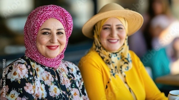 Fototapeta Stylish Muslim women wearing colorful hijabs and sun hats enjoying an afternoon tea gathering at a seaside cafe  The women are smiling and conversing presenting a scene of leisure friendship