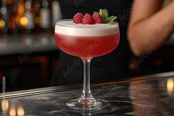 Obraz Elegant coupe glass with raspberry cocktail on a dark marble bar. Good for restaurant menus, bar promotions, or a drink recipe blog.