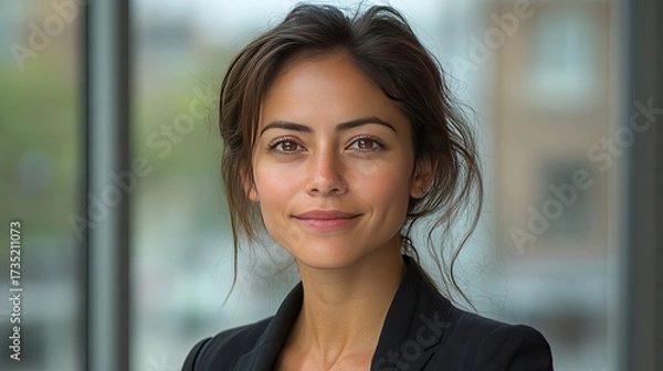 Obraz Businesswoman portrait in black suit, smiling slightly, with blurred background. Use for corporate headshots, career and entrepreneurship, or professional services.