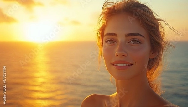 Obraz Smiling woman facing sunset with the ocean in the background. Ideal for travel, relaxation, or positive lifestyle concepts.