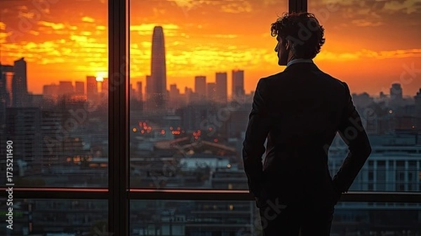 Obraz Man looks out a window at the city skyline, bathed in a fiery sunset. Use for business, success, ambition, or the beauty of urban landscapes.