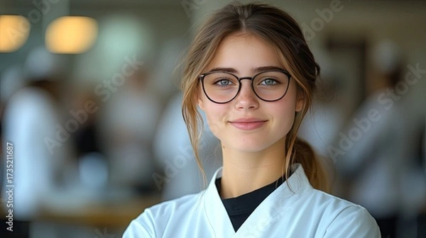Obraz Smiling girl with glasses wears a lab coat with blurred background. Use it for medical, science or educational purposes, health and hygiene.