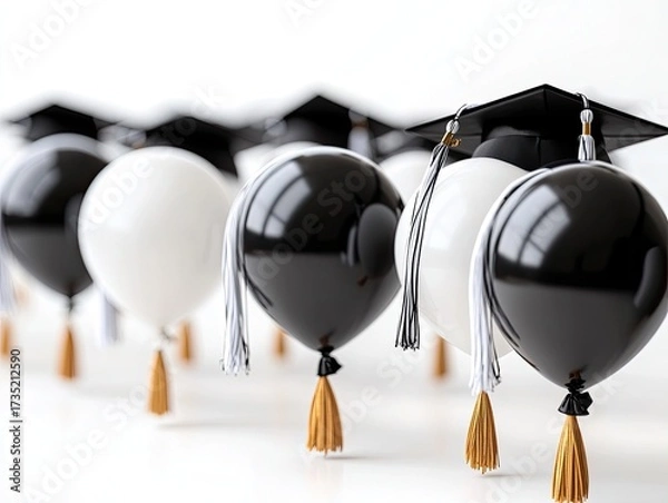 Obraz Black and white balloons with grad caps on a bright white background. Ideal for celebratory images like graduation or academic success.