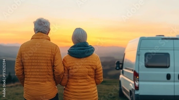 Fototapeta Elderly Caucasian couple embracing and sipping coffee as they sit outside their camper van surrounded by a picturesque mountain landscape at the tranquil dawn of a new day