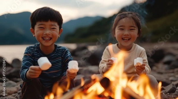 Fototapeta Joyful and carefree Asian children roasting marshmallows over a crackling bonfire in a serene mountain landscape capturing the essence of a delightful camping experience
