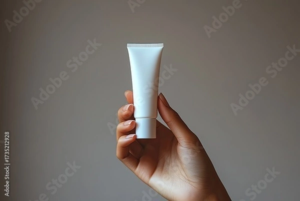 Obraz Woman's hand holds a white tube of cream against a plain, neutral backdrop. Use it to showcase beauty products, hand creams, or skincare items.