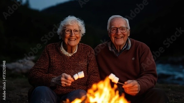 Fototapeta Cheerful Elderly Caucasian Couple Toasting Marshmallows over a Crackling Riverside Campfire in a Peaceful Autumn Landscape