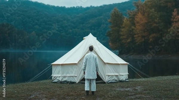 Fototapeta Serene lakeside tent camping and fishing adventure in the tranquil forested mountains  Peaceful outdoor recreation and wilderness retreat in a scenic natural landscape