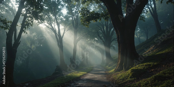 Fototapeta Mystical Foggy Forest Path A wide atmospheric shot of a winding forest path enveloped in thick, ethereal fog, with towering
