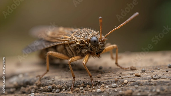 Obraz Closeup on a brown European caddisfly species, Limnephilus auricula sitting on wood