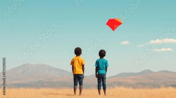 Fototapeta Carefree African children happily flying vibrant kites on a windy mountain plain with a tent in the background showcasing the joy and freedom of childhood in a remote natural landscape
