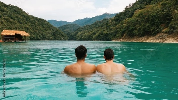 Fototapeta Two young adults enjoying a peaceful swim in a tranquil turquoise lake surrounded by a lush verdant mountain landscape near their camping tent setup  The serene