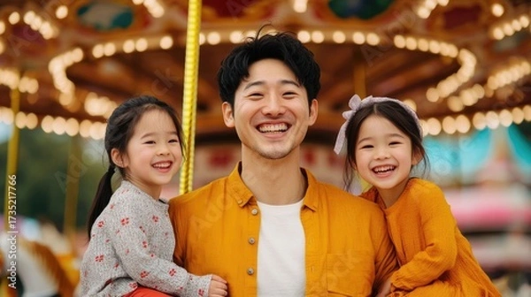 Fototapeta A delightful and vibrant scene of an Asian family sharing moments of pure joy and laughter as they ride together on a colorful carousel in an amusement park