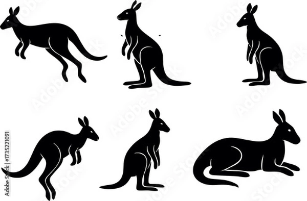 Fototapeta Silhouette of kangaroo in different style and poses. kids movie character, cartoon or animation film idea.