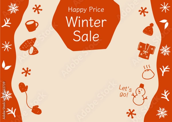 Obraz 冬のセールバナー用　フレームイラストベクター素材　雪と雪だるまとニットと焼き芋とコーヒーのほのぼの冬素材