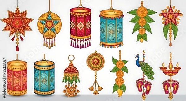 Fototapeta Diwali Lantern and Toran Decorative Vector Elements for Festive Decor and Celebration Design