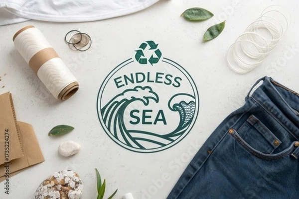 Fototapeta Conceptual Endless Sea Logo with Waves and Recycle Symbol