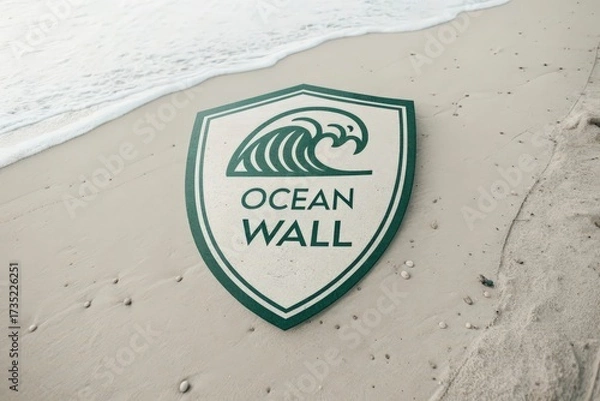 Fototapeta Shield with Wave Crest Symbol on Beach Sand Surface