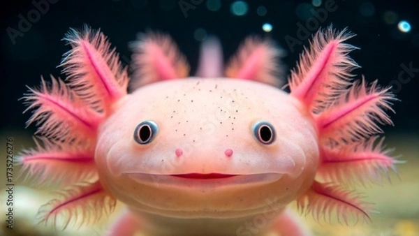 Fototapeta Unique axolotl with pink features swimming in a calm aquarium environment during daytime hours