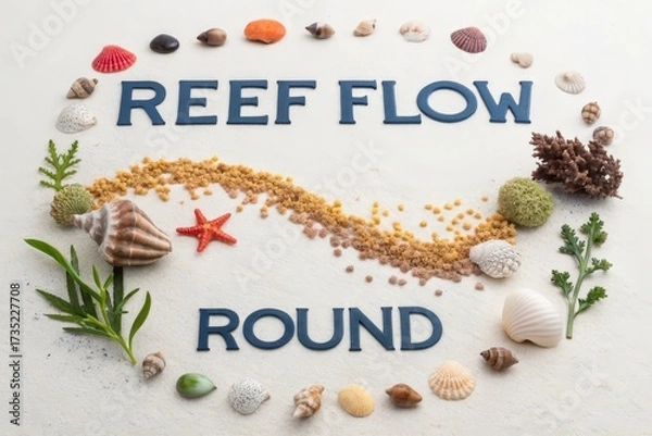 Fototapeta Flatlay of a circular reef arrangement with shells and design words