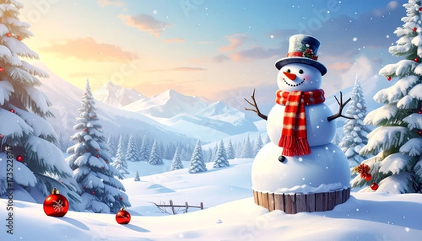 Fototapeta Merry Christmas greeting with snowman beside cylindrical product display in snowy winter scene.