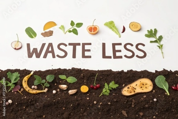 Fototapeta Flatlay depicting the composting of food waste into soil