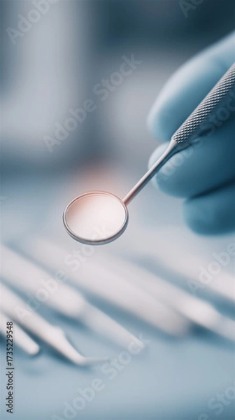 Fototapeta Close up of dental tool and mirror above patient teeth in clinical setting, focus on precision and hygiene, professional healthcare concept, soft blurred background includes copy space.