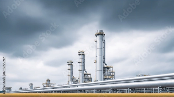 Fototapeta Wide view of refinery and chemical plant with tall industrial towers under cloudy sky, concept of energy, industry, and production, strong perspective provides copy space for mockup.