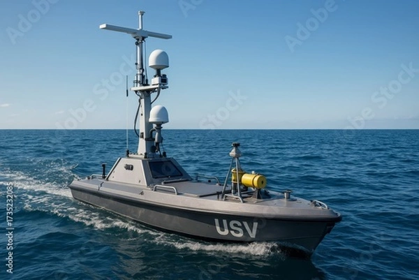 Obraz An unmanned surface vessel navigates the open sea under a clear sky. This USV is equipped with advanced sensors for autonomous operations.