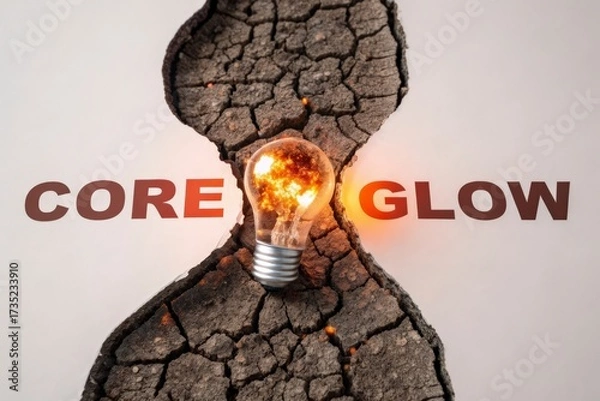 Fototapeta Glowing magma lightbulb within a cracked earthy environment
