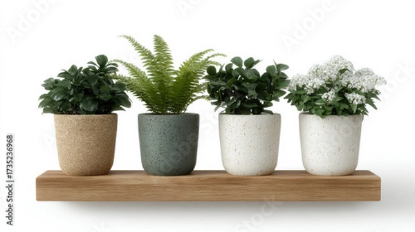 Fototapeta Tranquil row of four potted plant with green leaf and white flower on wooden shelf. Simple, modern botanical home decor arrangement